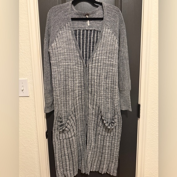 Free People Shadow Stripe Knit Duster Cardigan | Grey | Medium - Picture 3 of 6